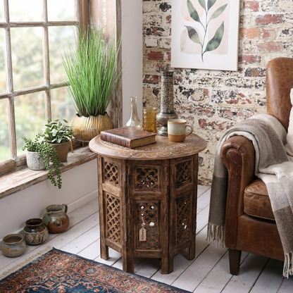 Damodar Large Hand Carved Side Table - Lifestyle Image