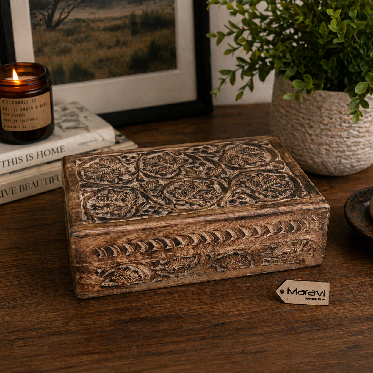 Darika Large Wooden Box Hand Carved - Lifestyle Image