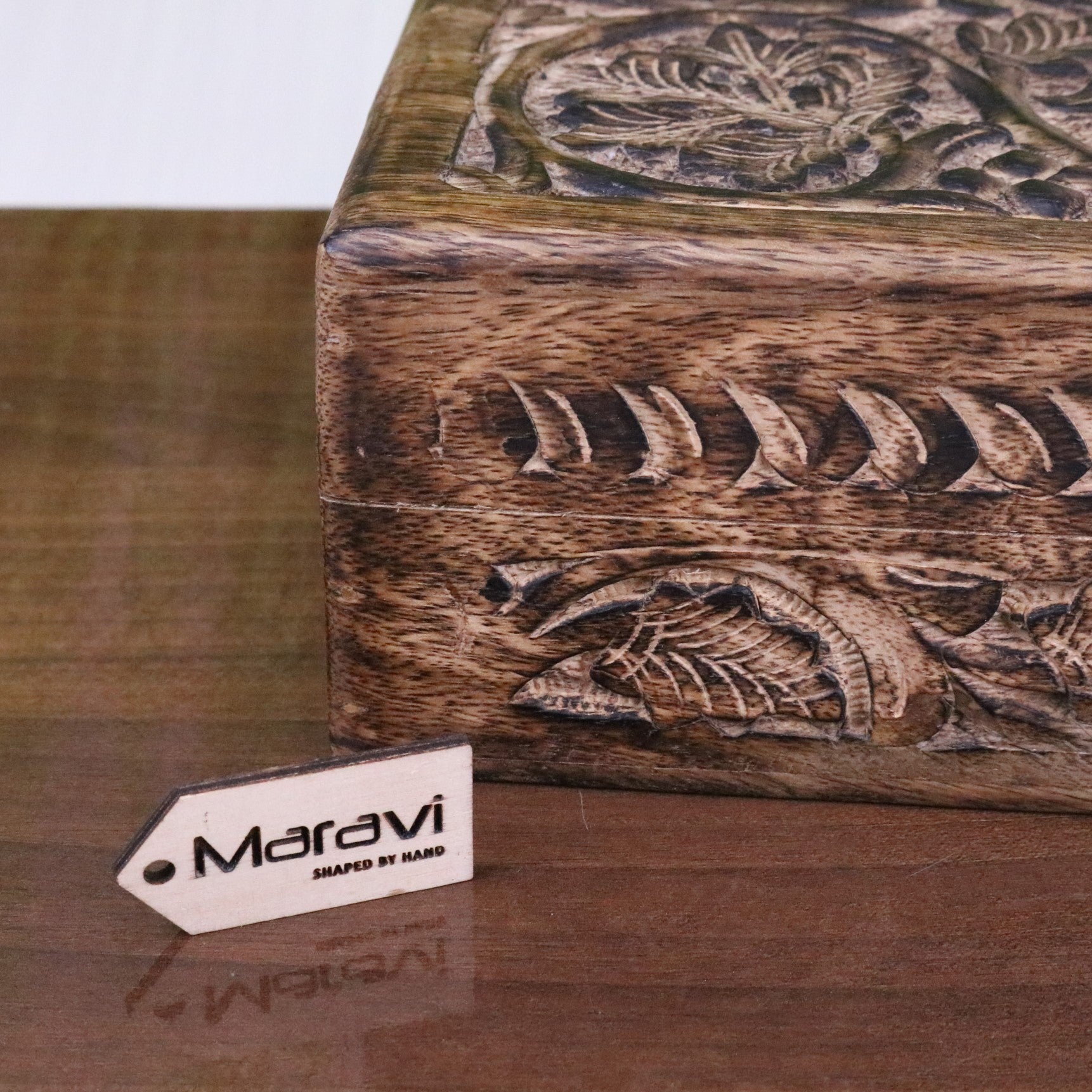 Darika Large Wooden Box Hand Carved - Closeup of Corner