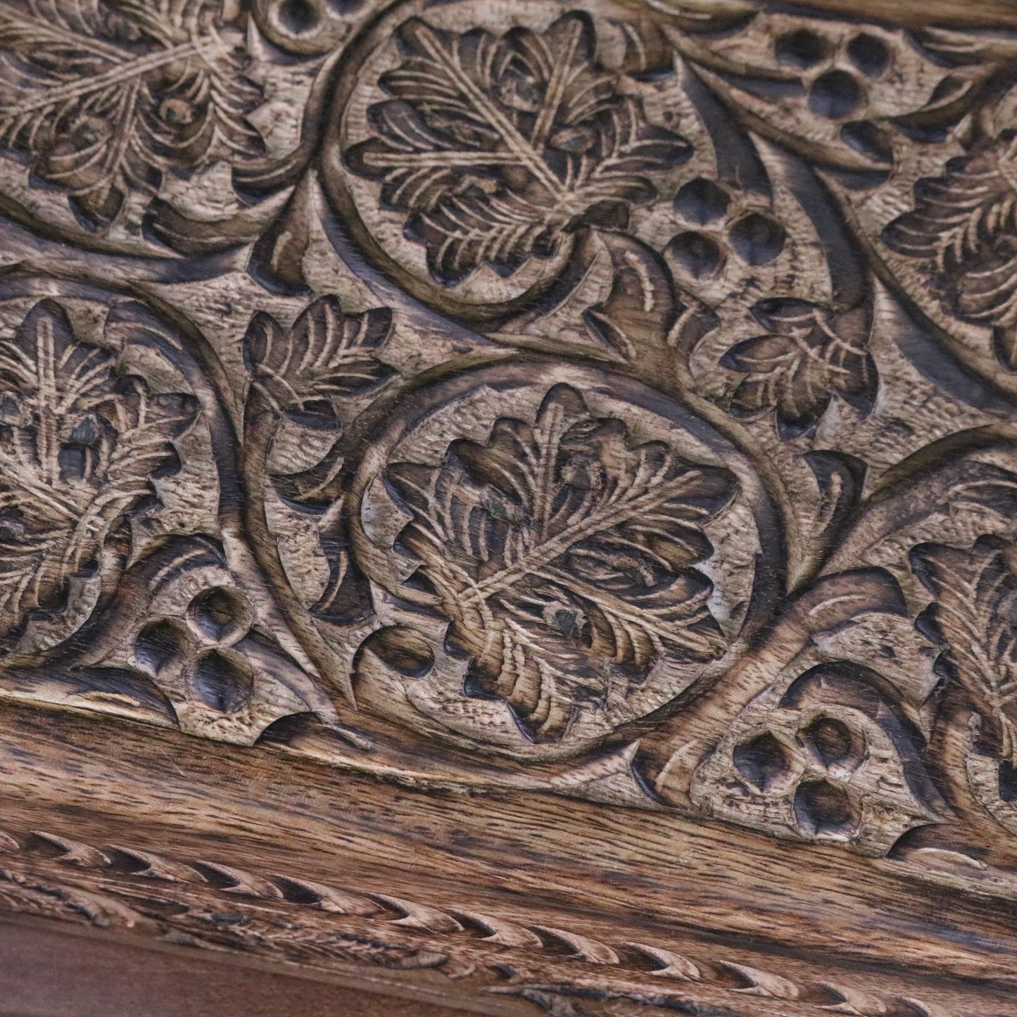 Darika Large Wooden Box Hand Carved - Closeup of Carving