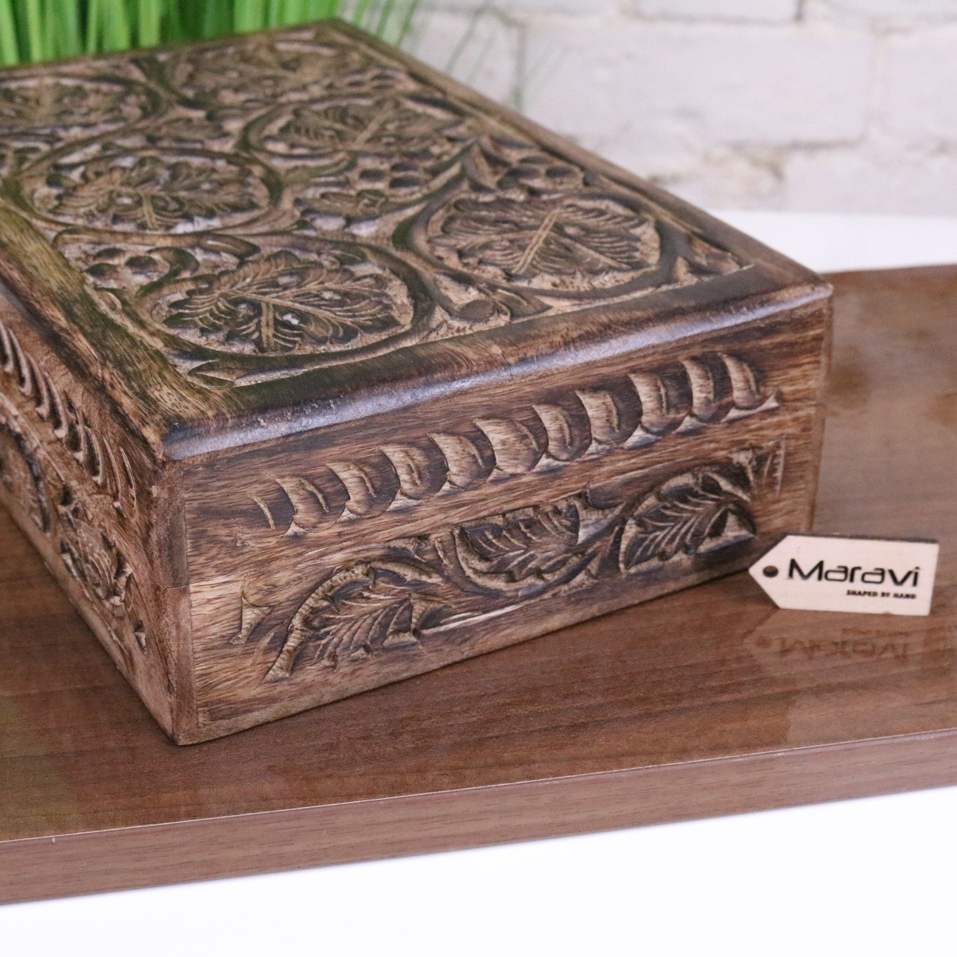 Darika Large Hand Carved Wooden Box - Side View