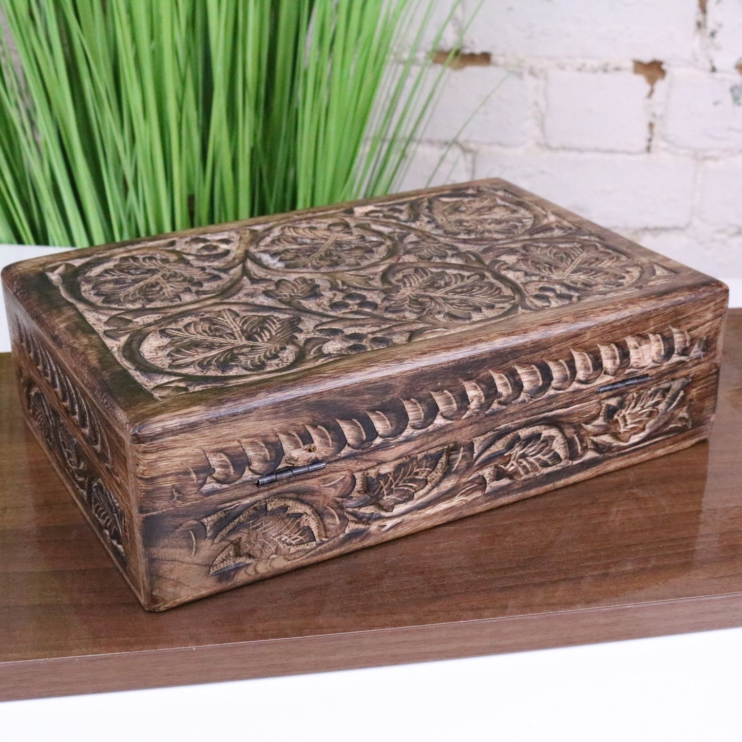 Darika Large Hand Carved Wooden Box - Rear View