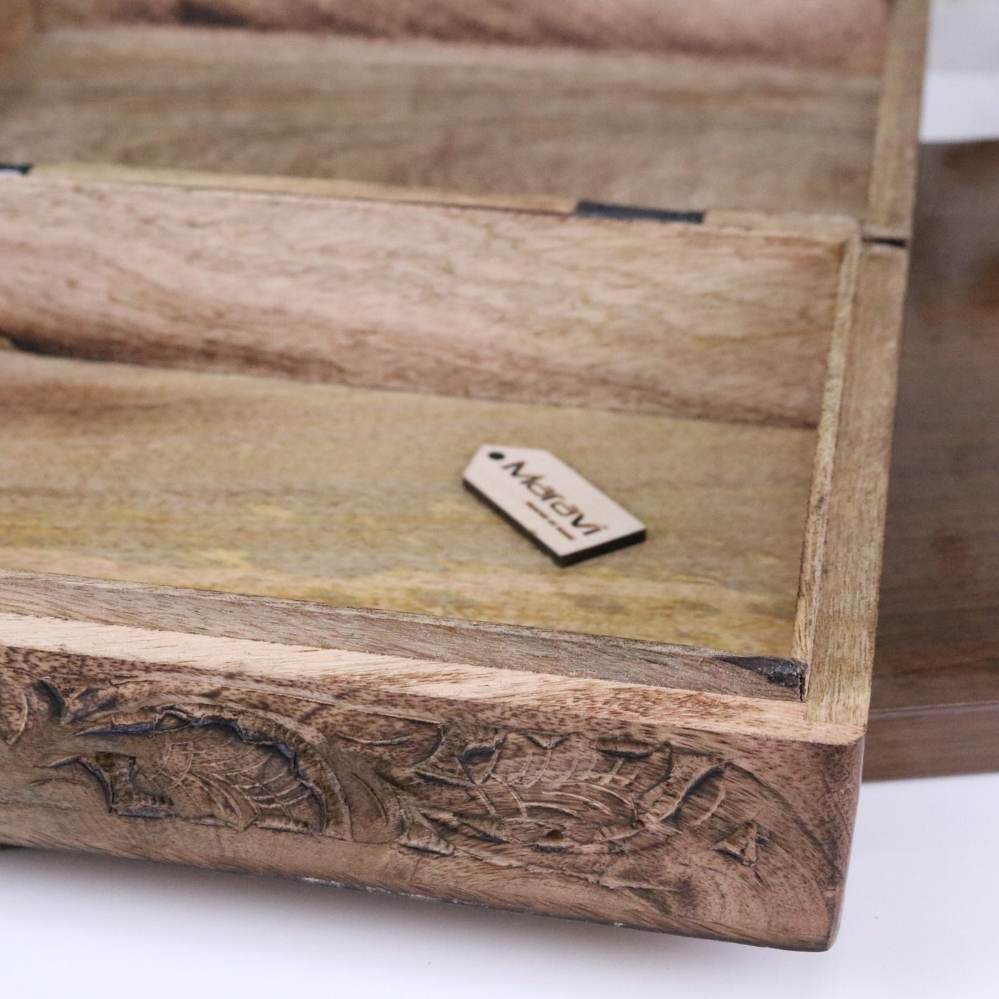 Darika Large Hand Carved Wooden Box - Closeup of Corner with Lid Opened