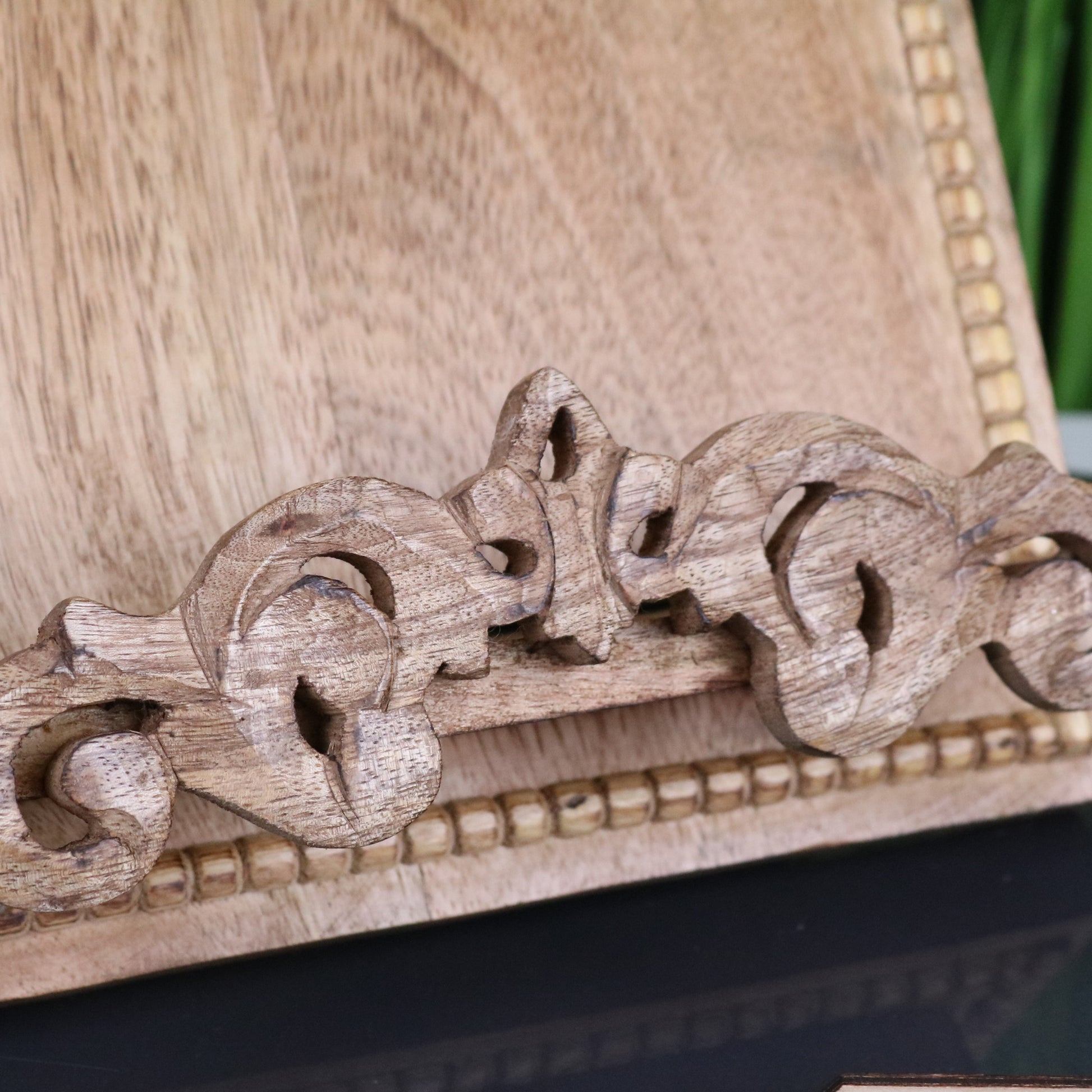 Darvik Wooden Recipe Book Stand - Closeup of Carving on Holder