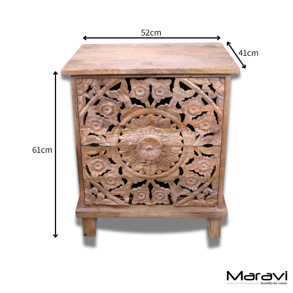 Devika Mango Wood Bedside Cabinet 2 Drawer - Dimensions