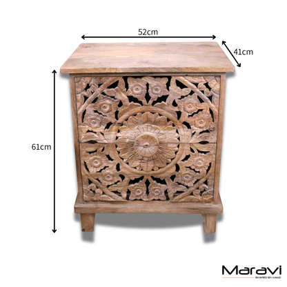 Devika Mango Wood Bedside Cabinet 2 Drawer - Dimensions