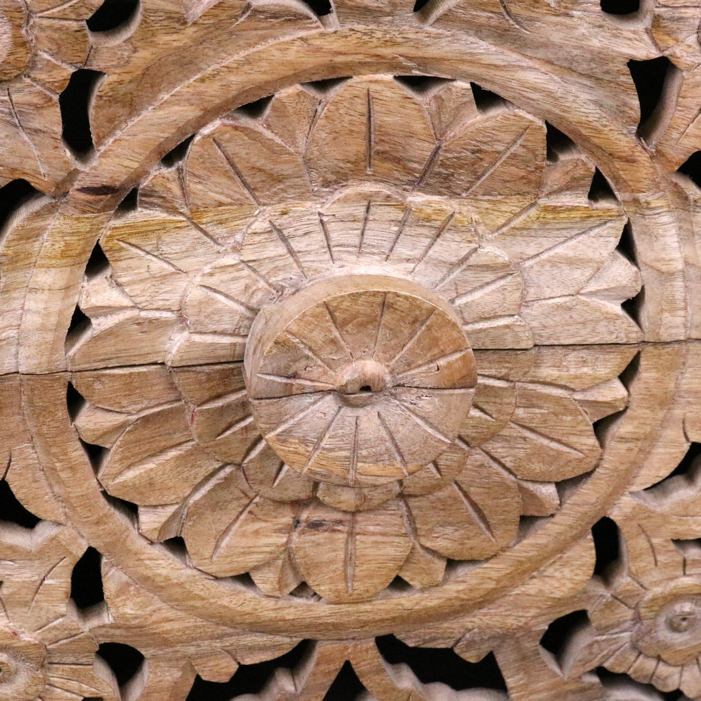 Devika Mango Wood Bedside Cabinet 2 Drawer - Closeup of Central Carving