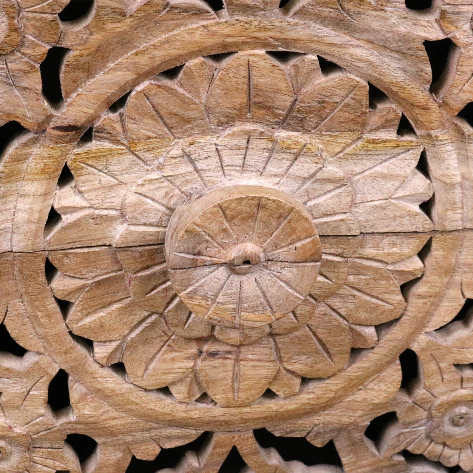 Devika Mango Wood Bedside Cabinet 2 Drawer - Closeup of Central Carving