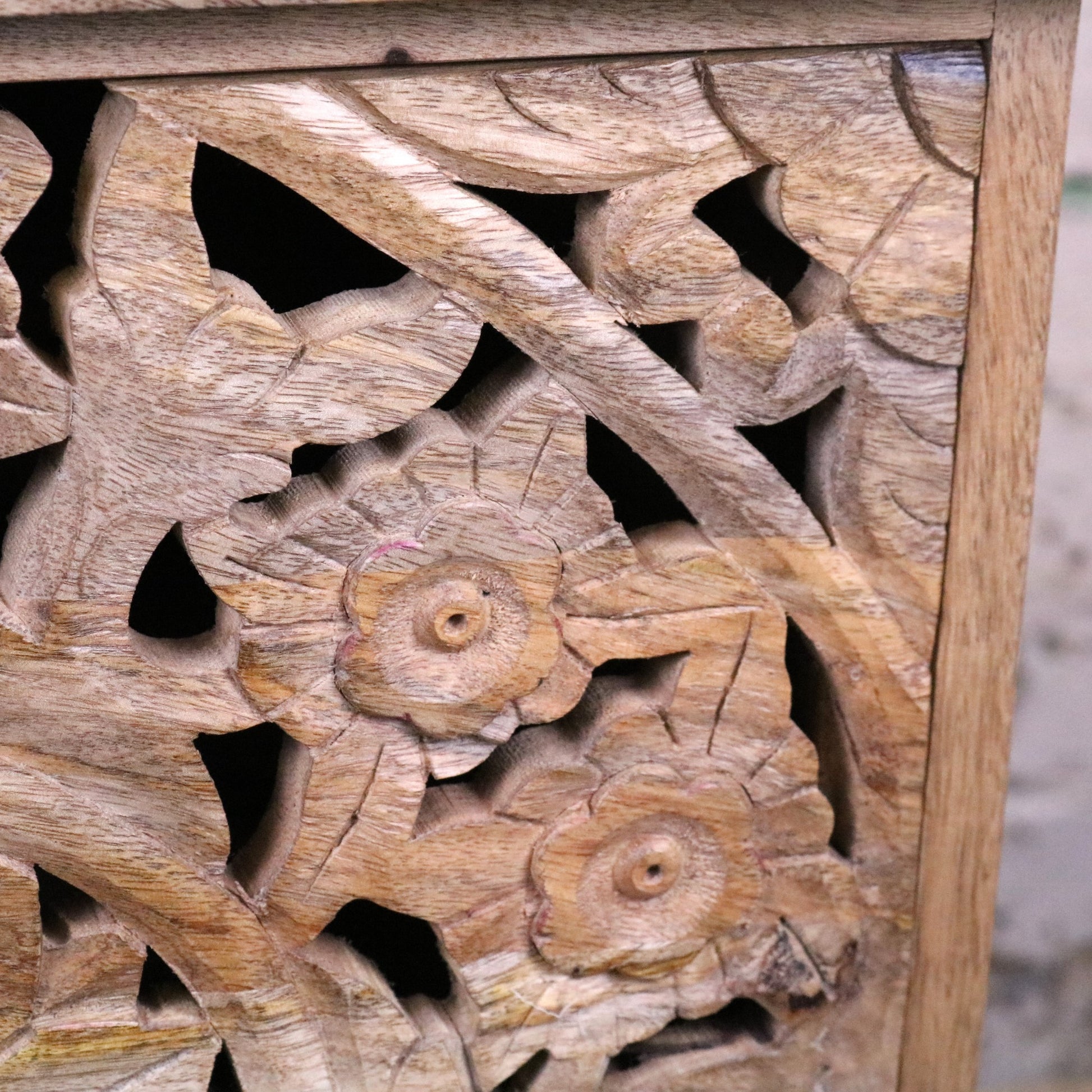 Devika Mango Wood Bedside Cabinet 2 Drawer - Closeup of Flower Carving