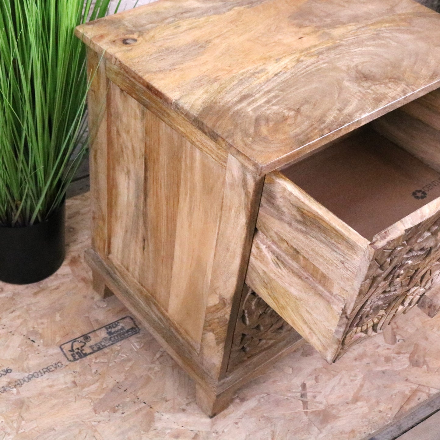 Devika Mango Wood Bedside Cabinet 2 Drawer - Side View of Open Drawer