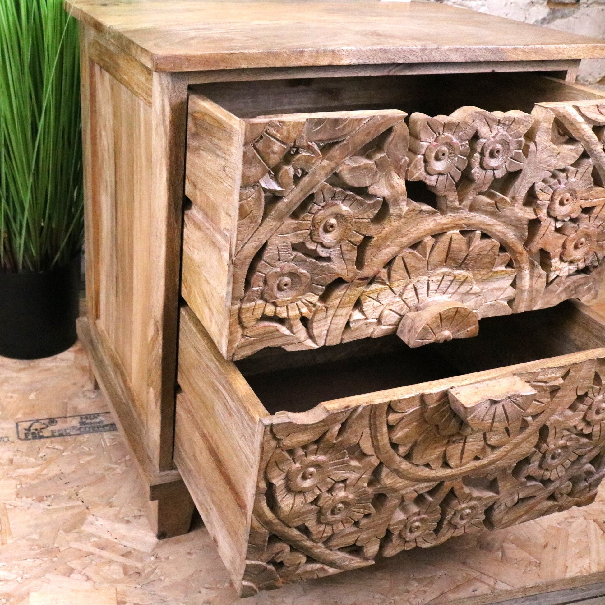 Devika Mango Wood Bedside Cabinet 2 Drawer - Both Drawers Open