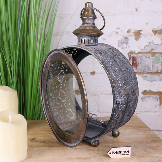 Devra Vintage Style Round Lantern - Side View with Door Open