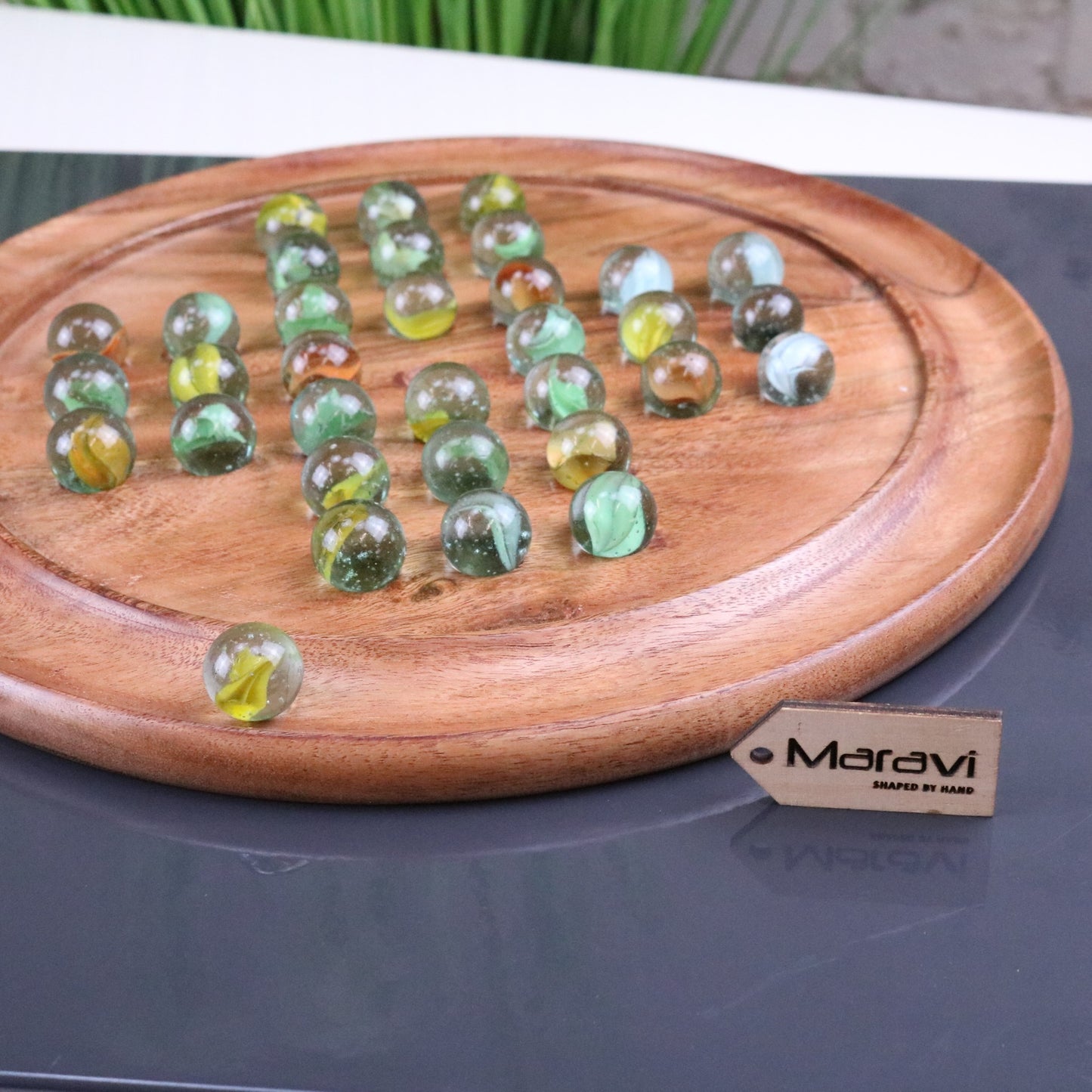 Dinod Large Wooden Solitaire Board Game Set Teak Colour - Focus on Edge of Board