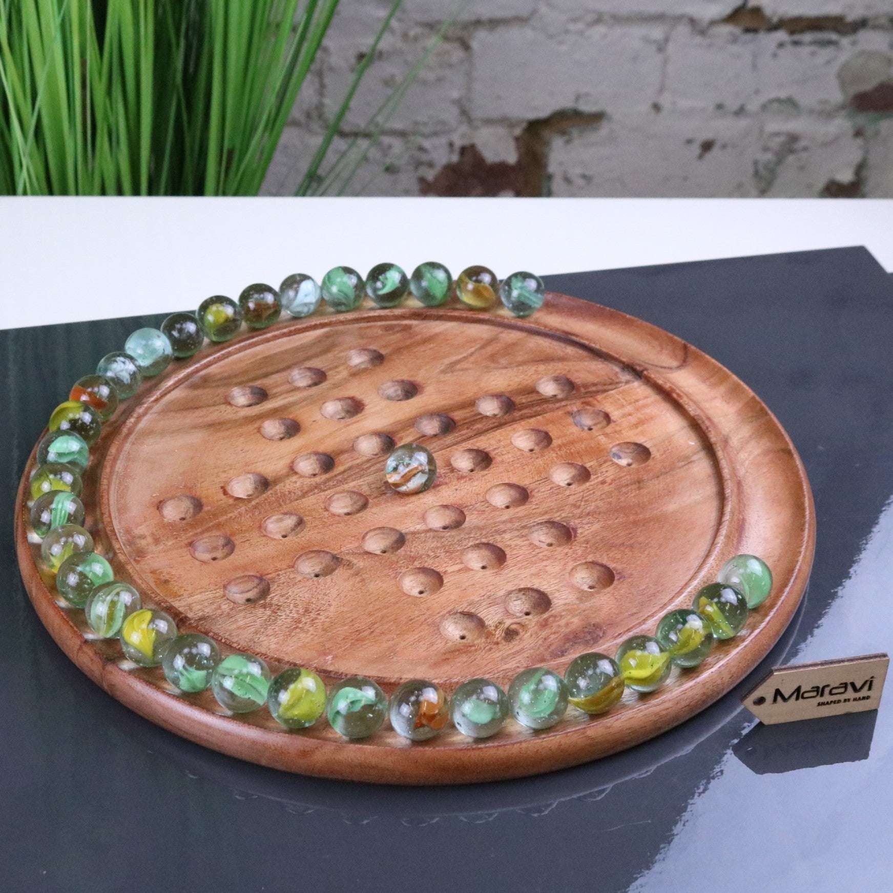 Dinod Large Wooden Solitaire Board Game Set Teak Colour - Marbles Removed