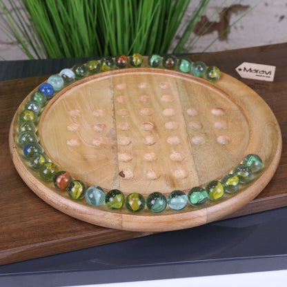 Dinod Large Wooden Solitaire Board Game Set - Angled View with Marbles Removed