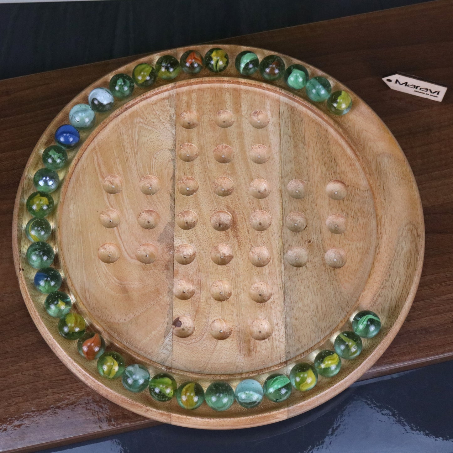 Dinod Large Wooden Solitaire Board Game Set - Top View with Marbles Removed
