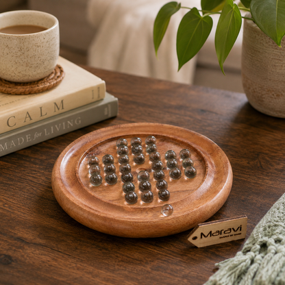 Dinod Small Wooden Solitaire Board Game Set Teak Colour - Lifestyle Image