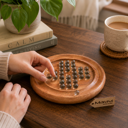 Dinod Small Wooden Solitaire Board Game Set Teak Colour - Lifestyle Image 2