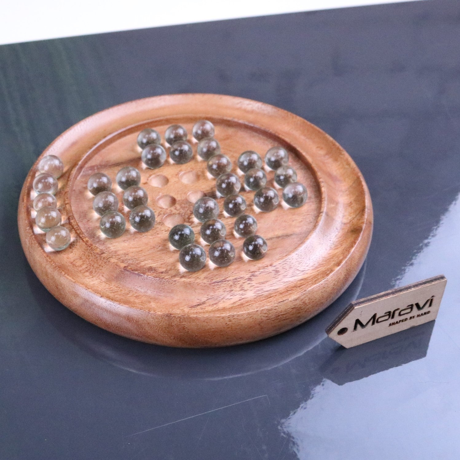Dinod Small Wooden Solitaire Board Game Set Teak Colour - Some Marbles Removed