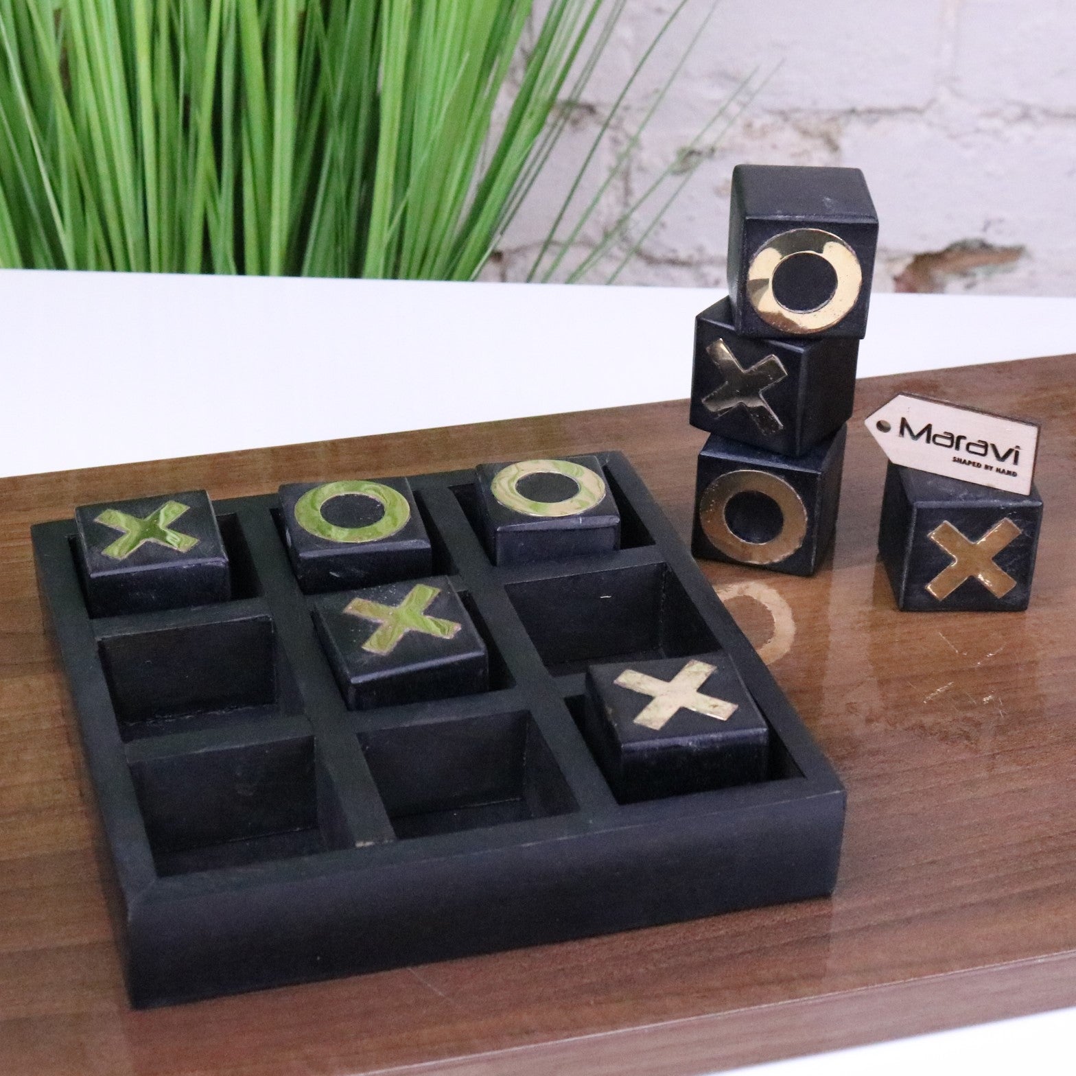 Elora Wooden Tic Tac Toe Game Antiqued Black - Showing Pieces Removed