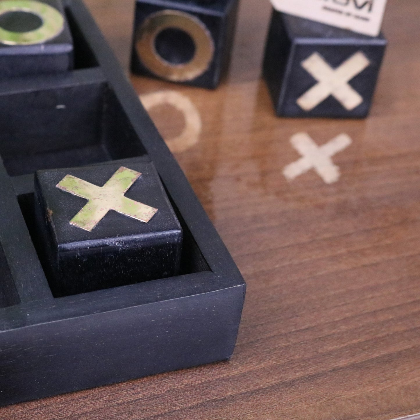 Elora Wooden Tic Tac Toe Game Antiqued Black - Closeup of Corner