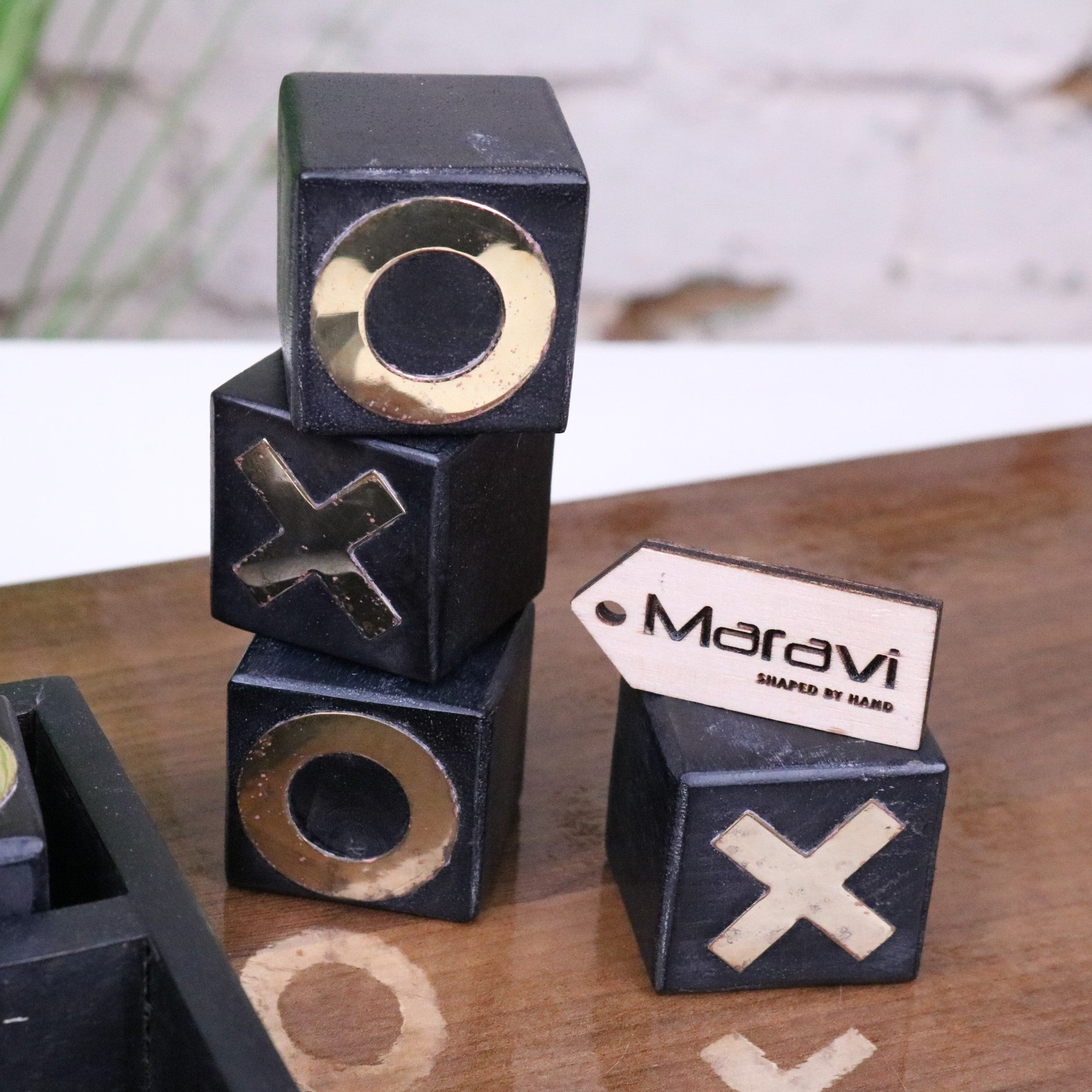 Elora Wooden Tic Tac Toe Game Antiqued Black - Closeup of Pieces