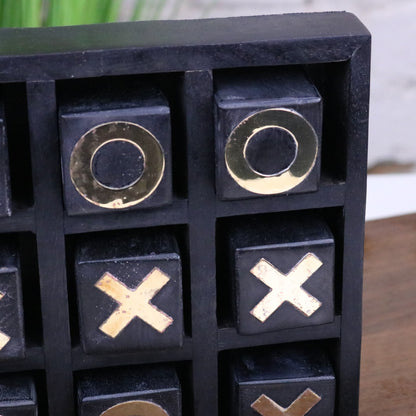 Elora Wooden Tic Tac Toe Game Antiqued Black - Closeup of Brass Inlay