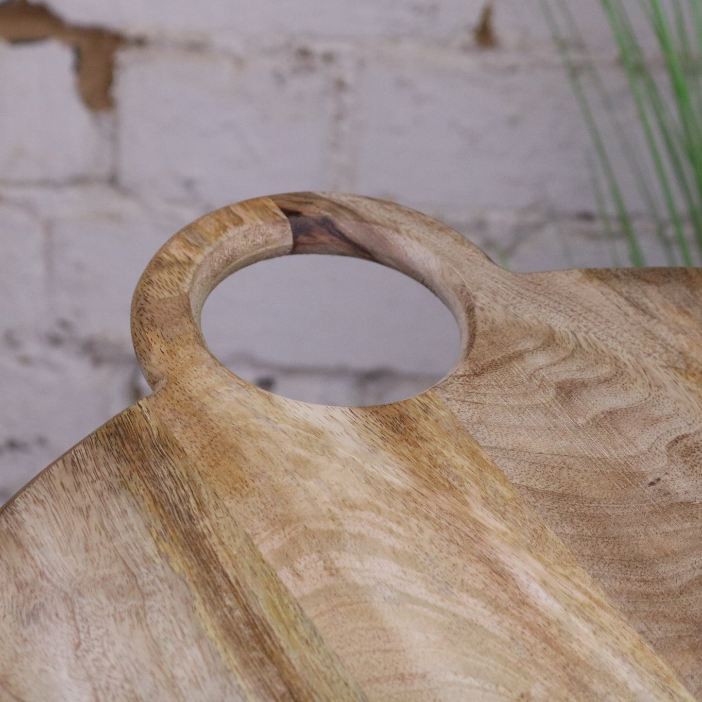 Eshani Large Wooden Chopping Board 56cm Round - Closeup of Handle