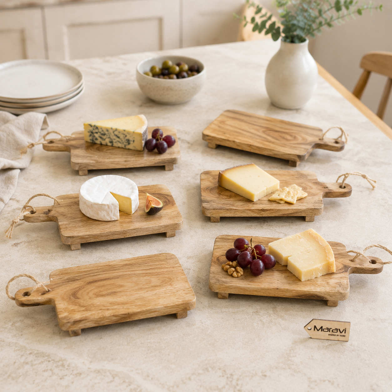 Falora Set of 6 Mini Cheese Boards 20cm Mango Wood - Lifestyle Image