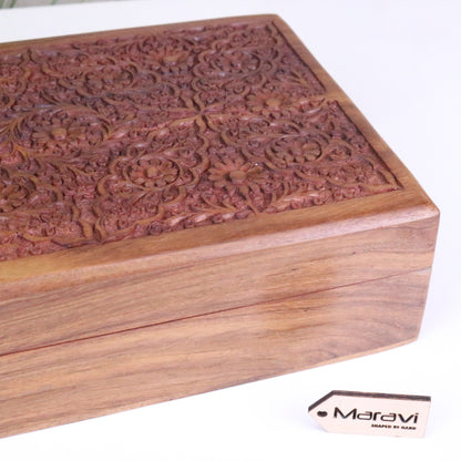 Gavira Large Hand Carved Wooden Box - Closeup of Corner