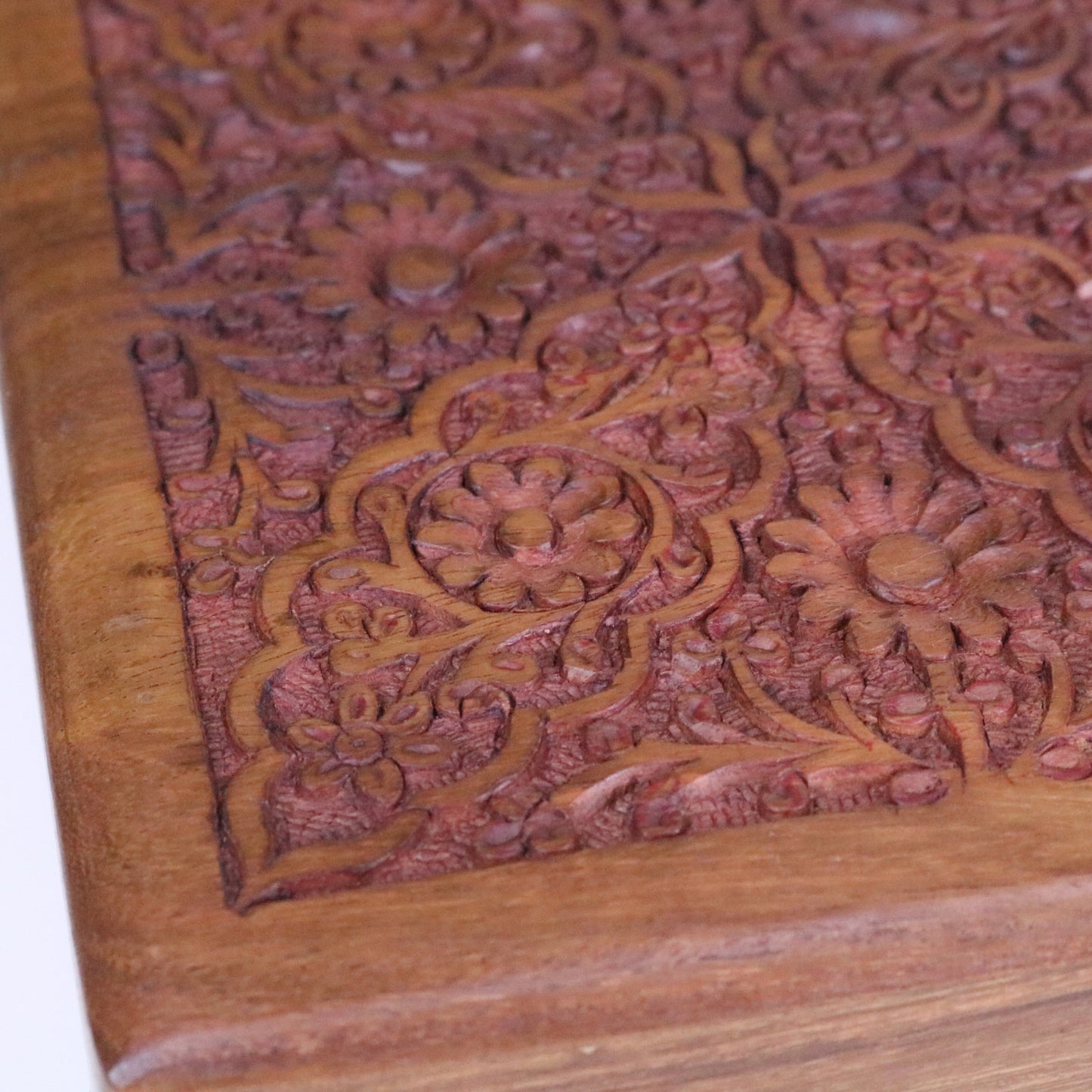 Gavira Large Hand Carved Wooden Box - Closeup of Carving