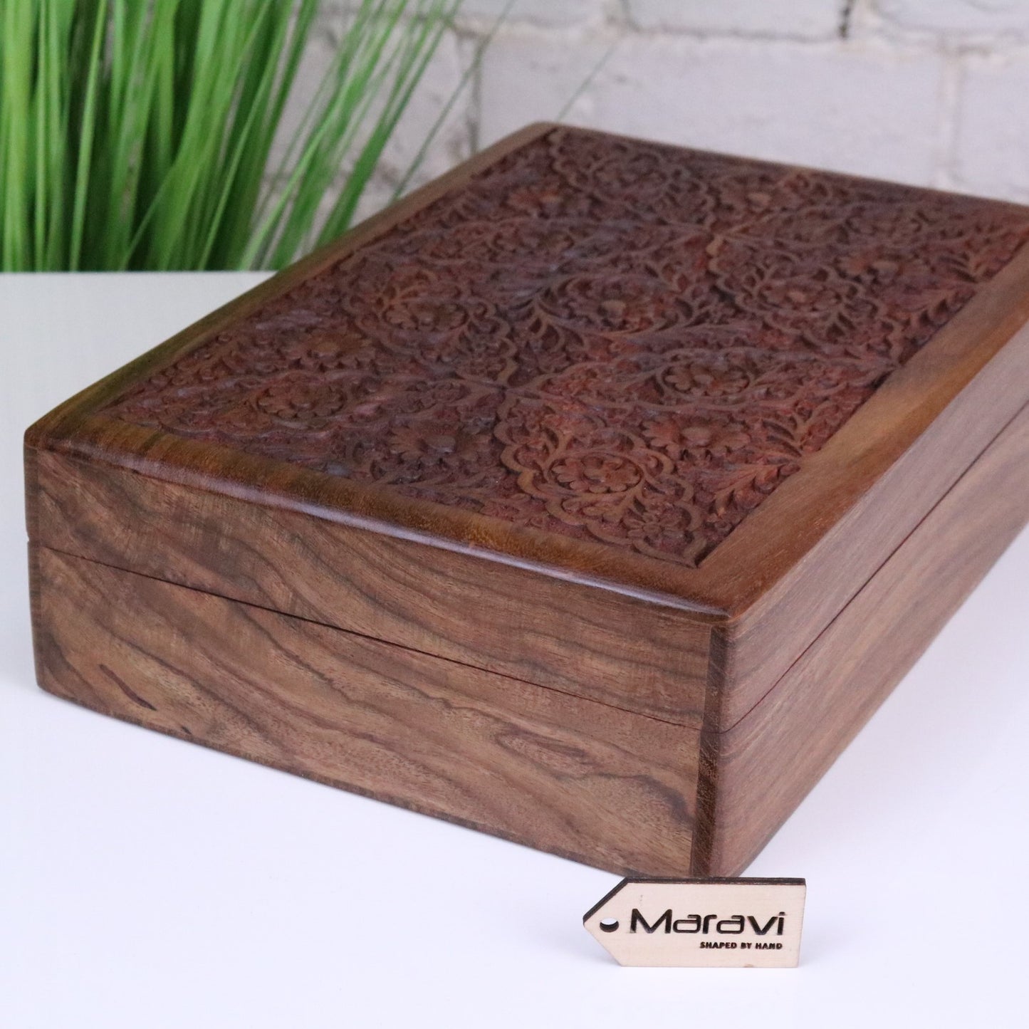 Gavira Large Hand Carved Wooden Box - Side View