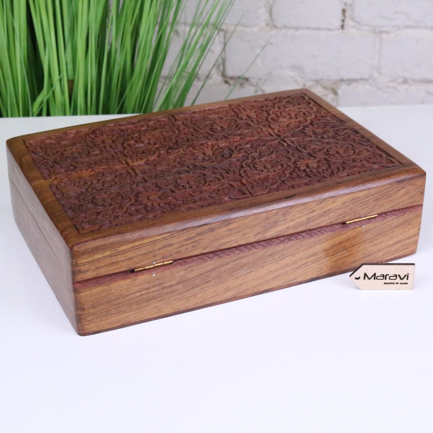 Gavira Large Hand Carved Wooden Box - Rear View