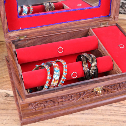Nalanda Sheesham Wood Intricately Carved Jewellery Box - Shown with Bangles