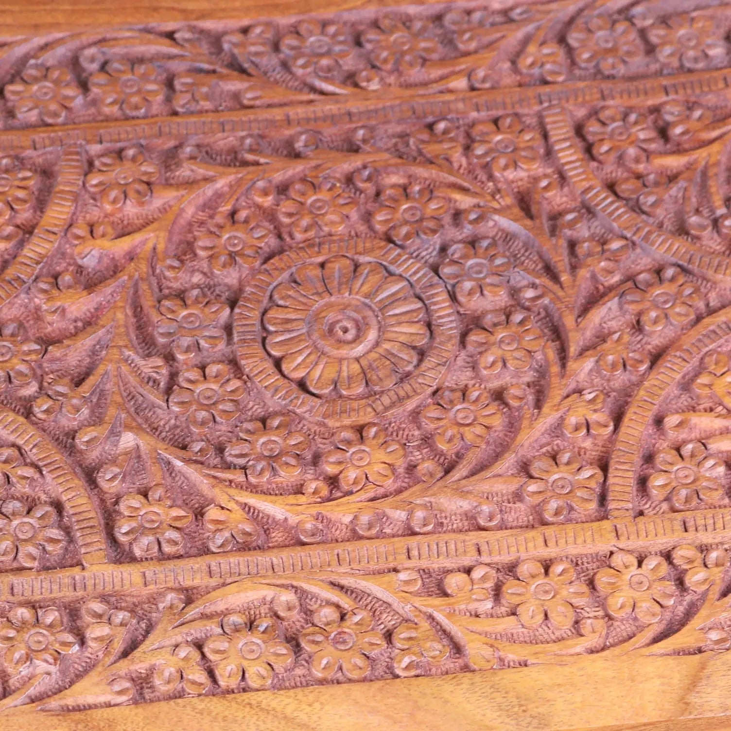 Nalanda Sheesham Wood Intricately Carved Jewellery Box - Closeup of Central Carving
