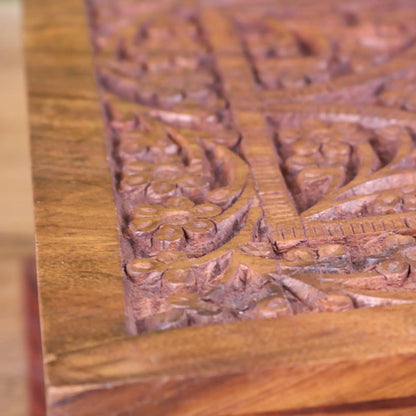 Nalanda Sheesham Wood Intricately Carved Jewellery Box - Closeup of Carving