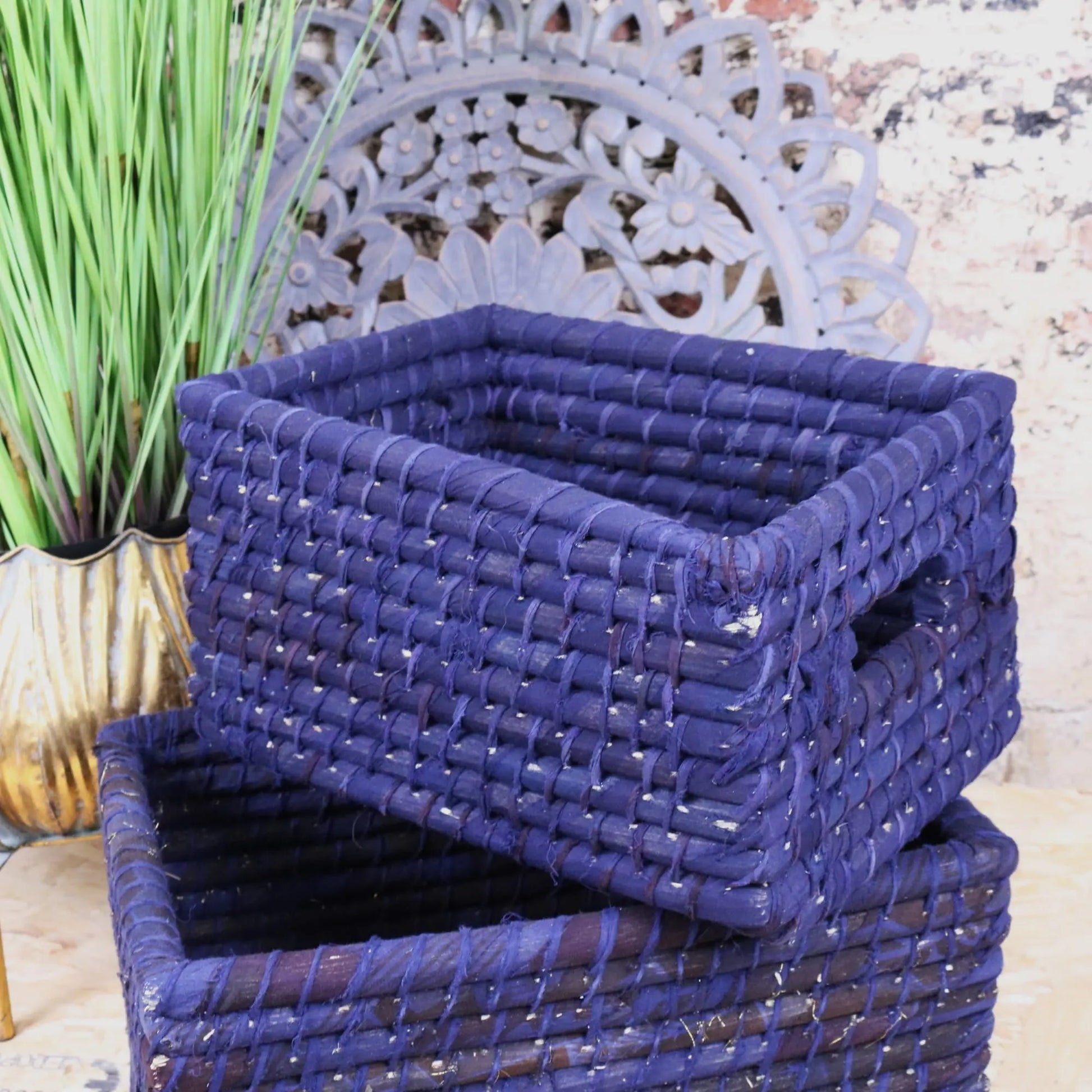 Ananda Recycled Sari Material Storage Basket Set - Closeup of Small Basket