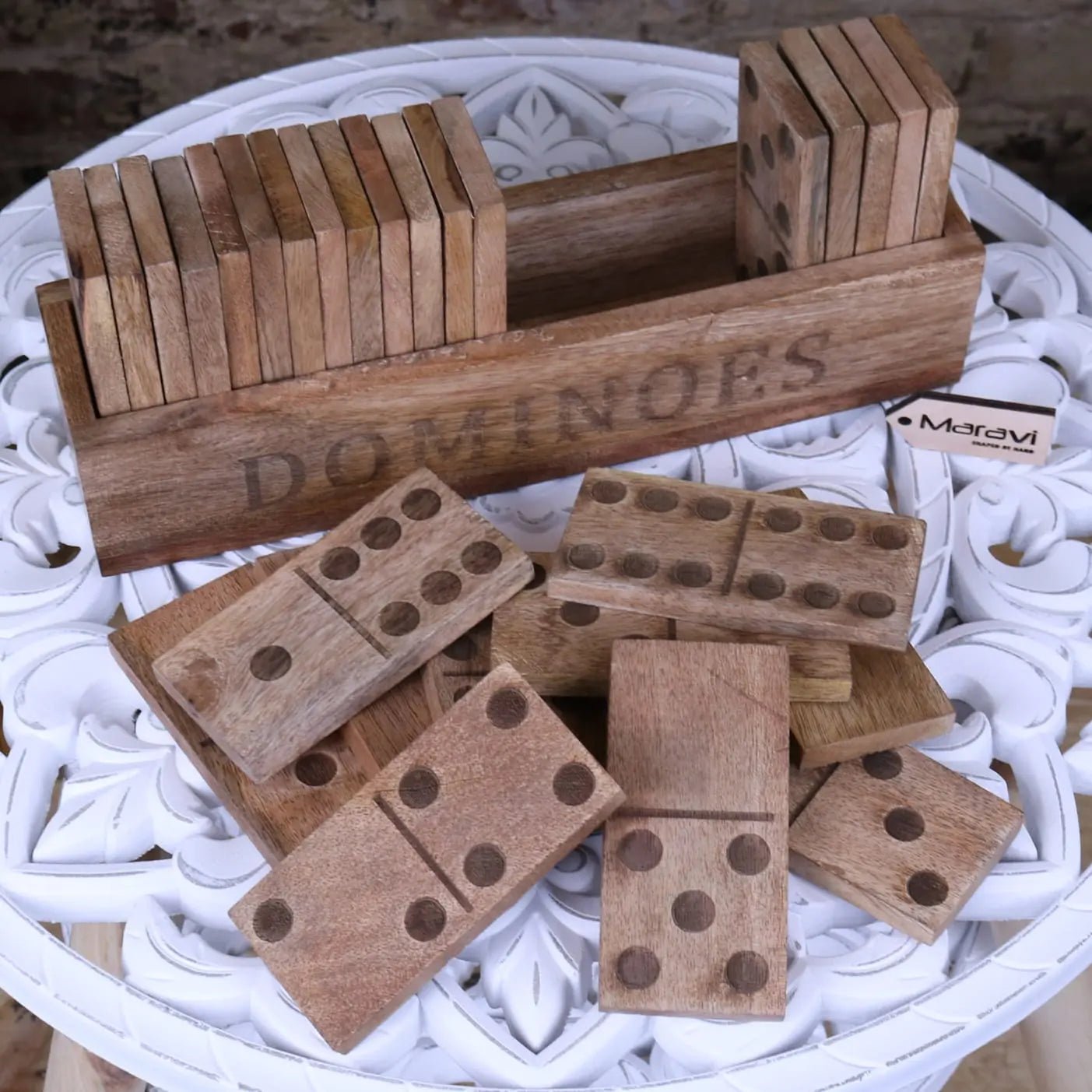 Mahua Wooden Domino Set with Holder - Dominoes Out