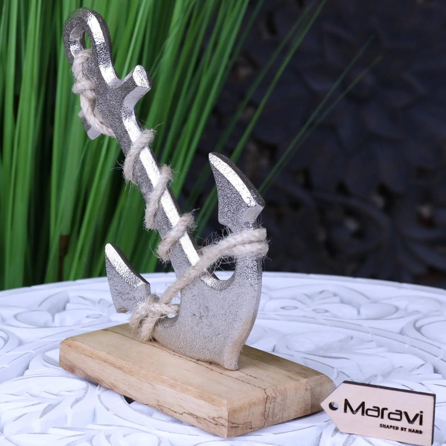 Malvan Nautical Metal Anchor on Wooden Base Ornament - Side View