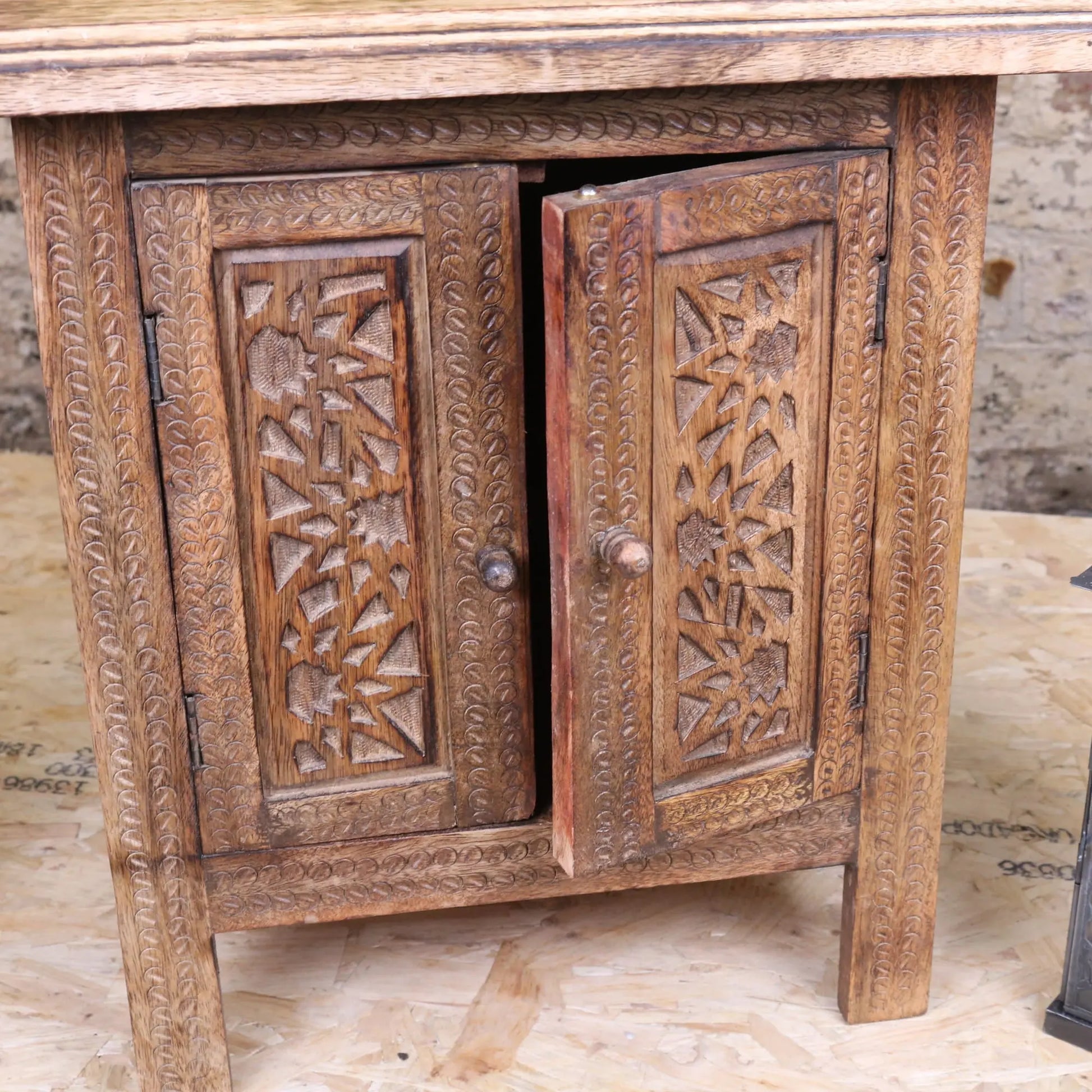 Rabat Mango Wood Hand Carved Moroccan Side Table - Door Open Slightly