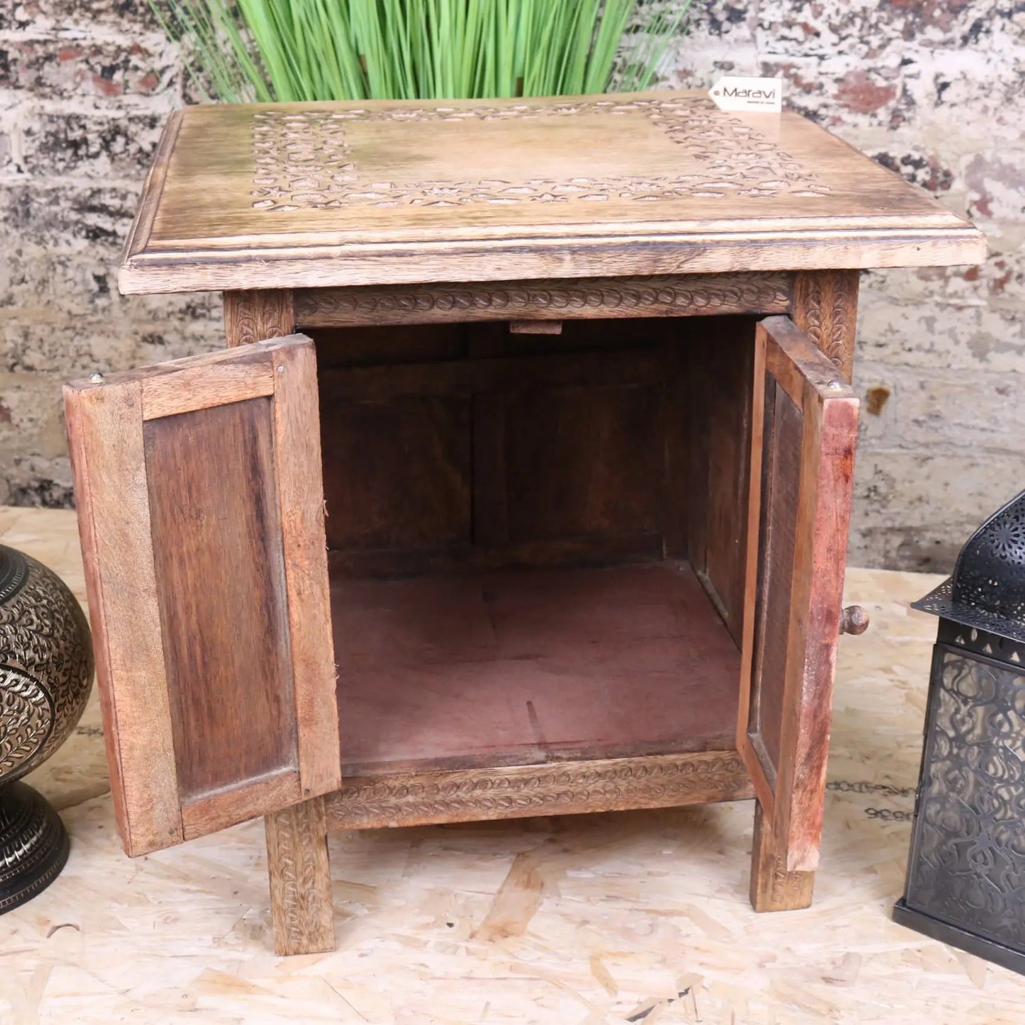 Rabat Mango Wood Hand Carved Moroccan Side Table - Doors Fully Opened