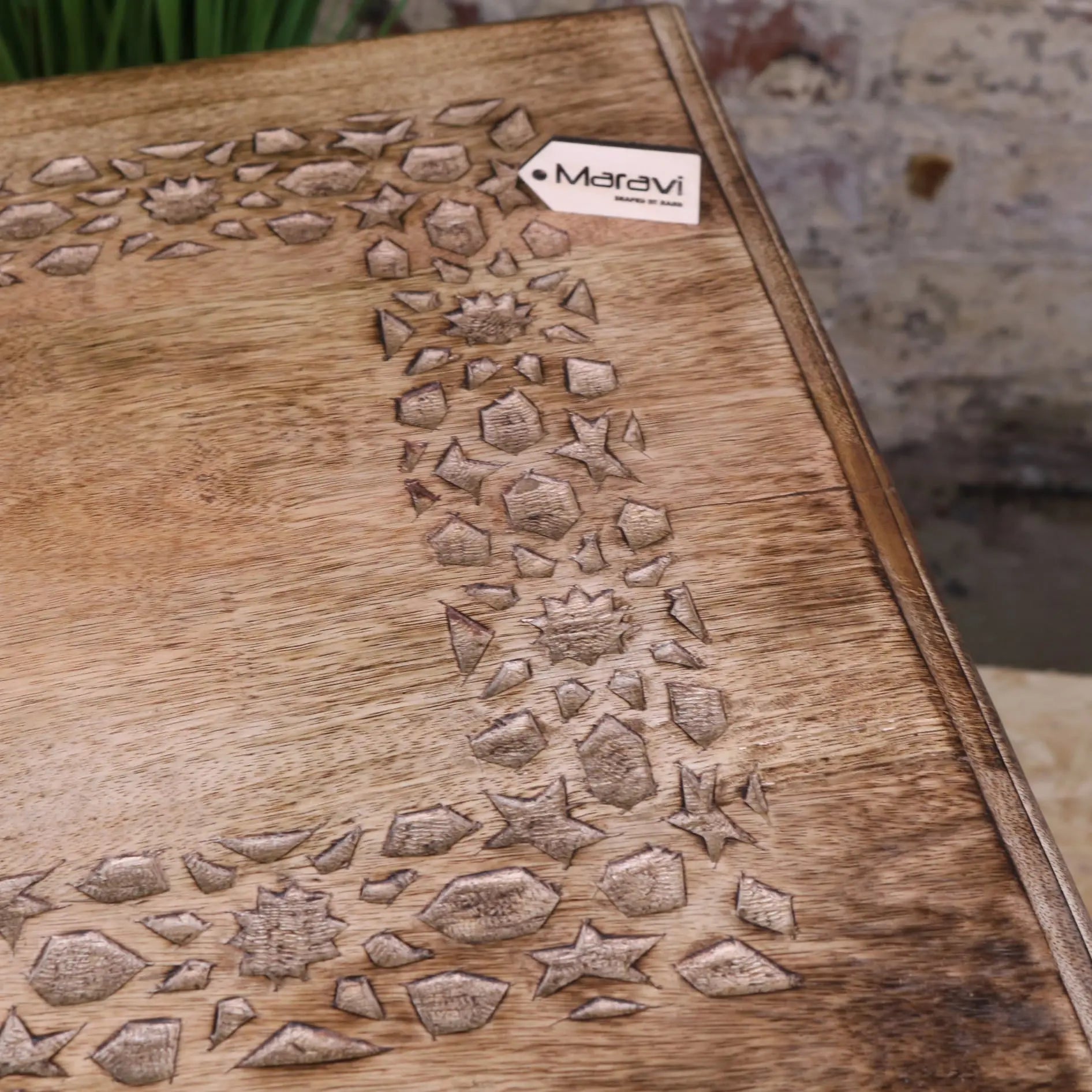Rabat Mango Wood Hand Carved Moroccan Side Table - Close up of Carving