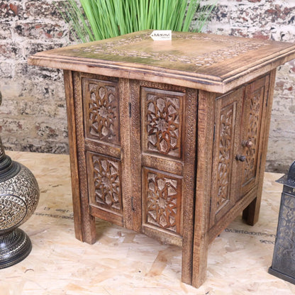 Rabat Mango Wood Hand Carved Moroccan Side Table - Side View