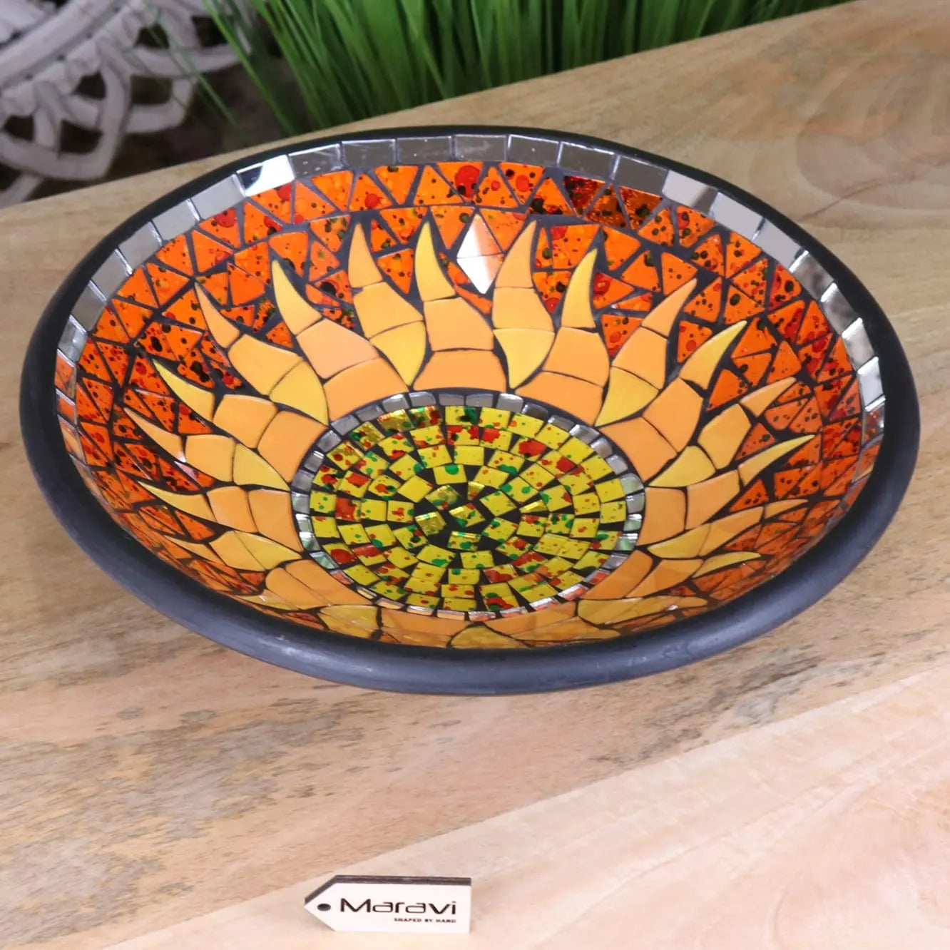 Surya Mosaic Bowl 30cm Sun Design Yellow and Red - Angled Top View