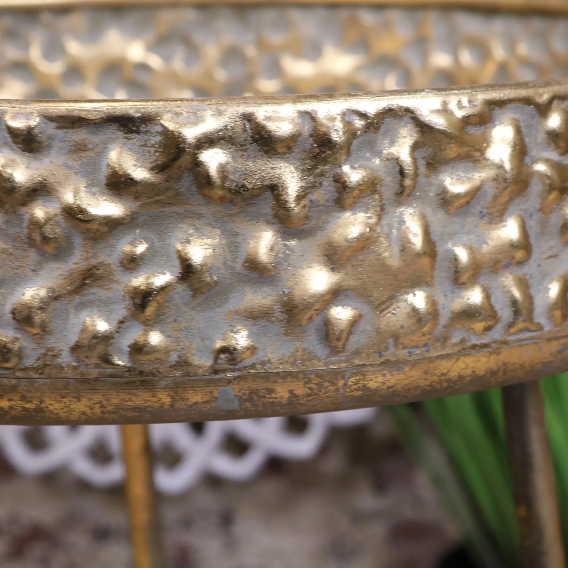 Kovalam Bowl Style Antiqued Gold Side Table 60cm - Closeup of Side of Bowl