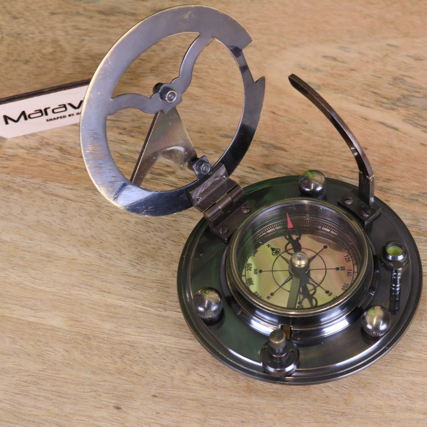 Gilbert and Sons Antique Brass Sundial Compass - Showing Compass Top View