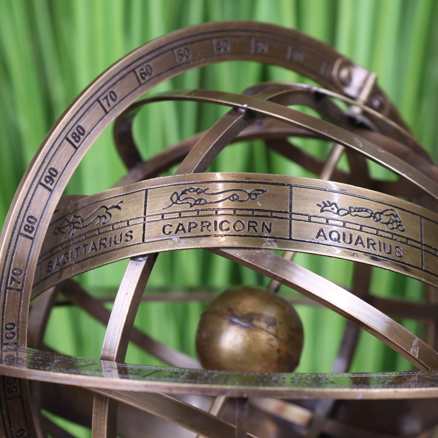 Ponnur Brass Armillary Sphere Large Desk Ornament 30cm - Closeup of Writting