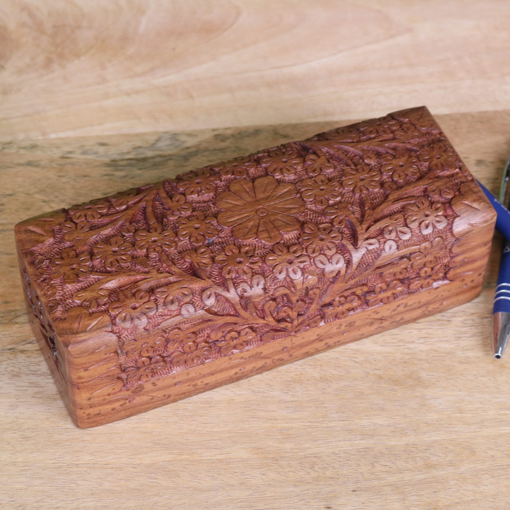 Daipur Sheesham Wood Pen Box Hand Carved - Angled Top View