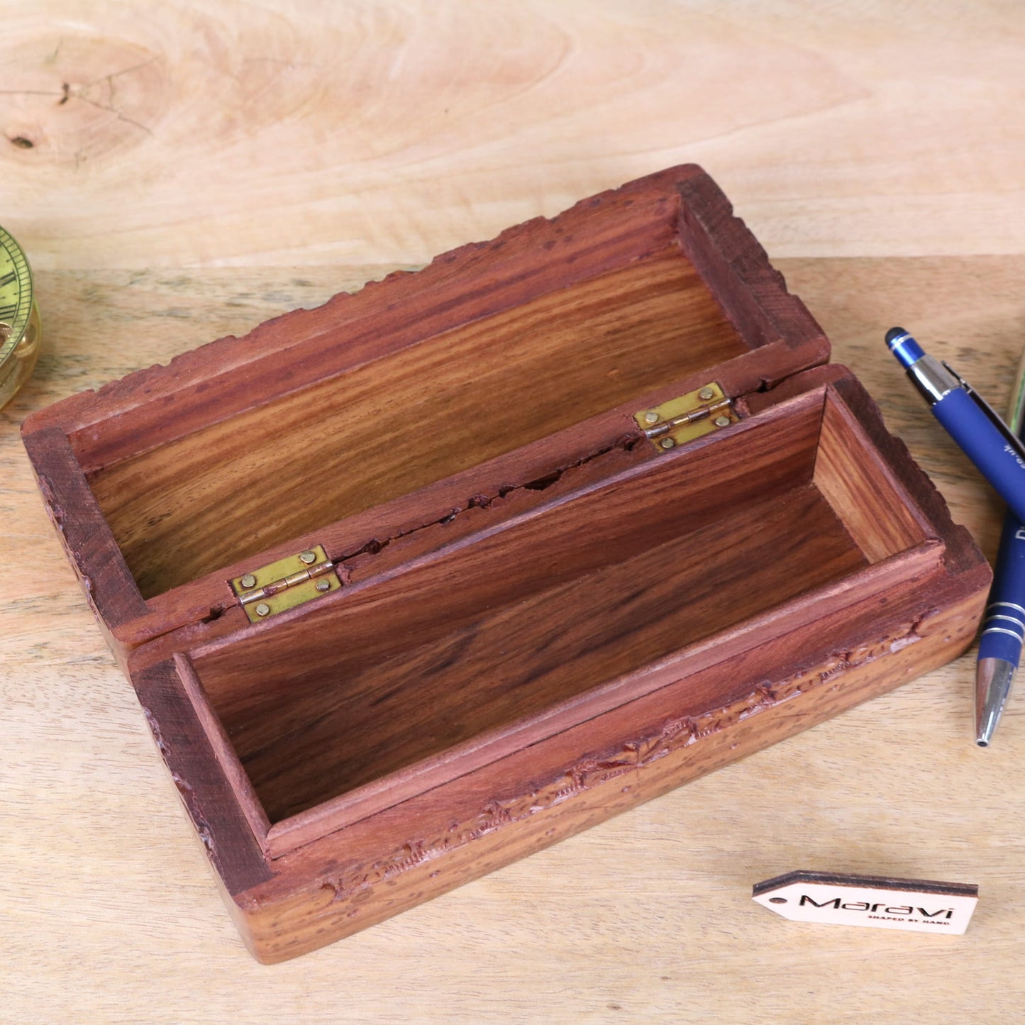 Daipur Sheesham Wood Pen Box Hand Carved - Opened Top View