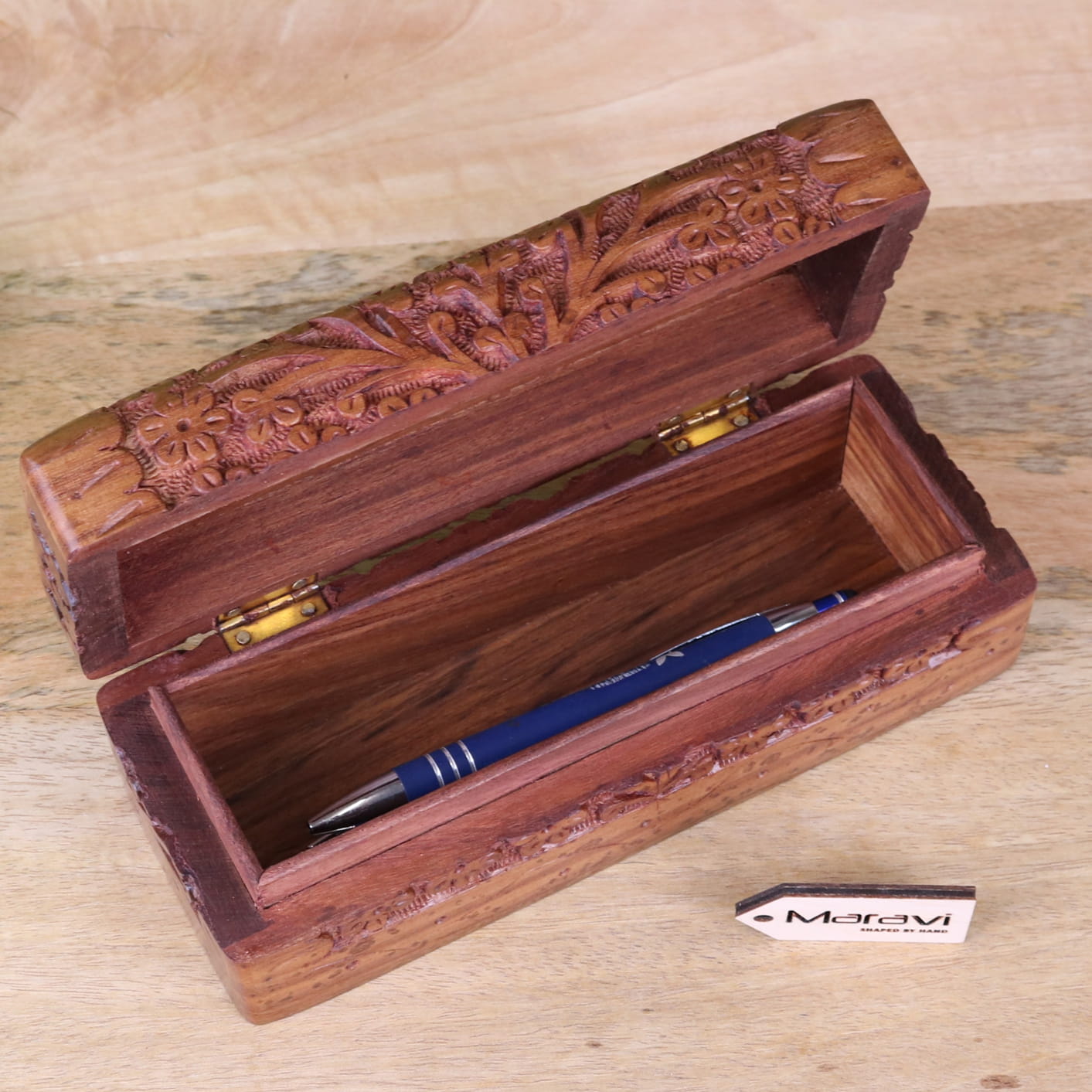 Daipur Sheesham Wood Pen Box Hand Carved - Open with Pens Inside